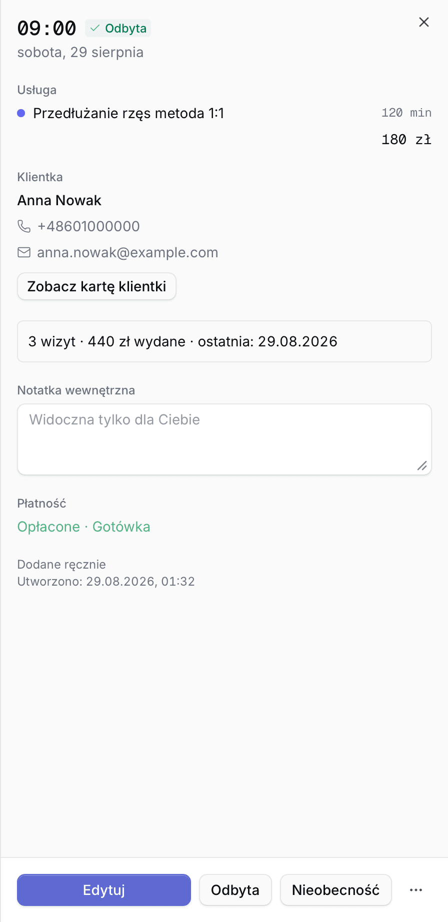 Szczegóły wizyty dodanej ręcznie w panelu Salonify, opłaconej gotówką