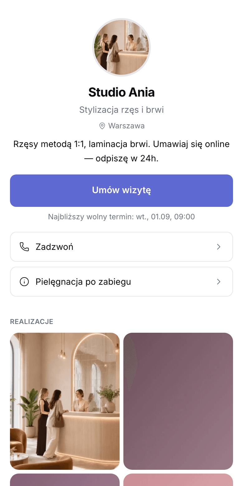 Wizytówka online Studio Ania z przyciskiem Umów wizytę i galerią realizacji