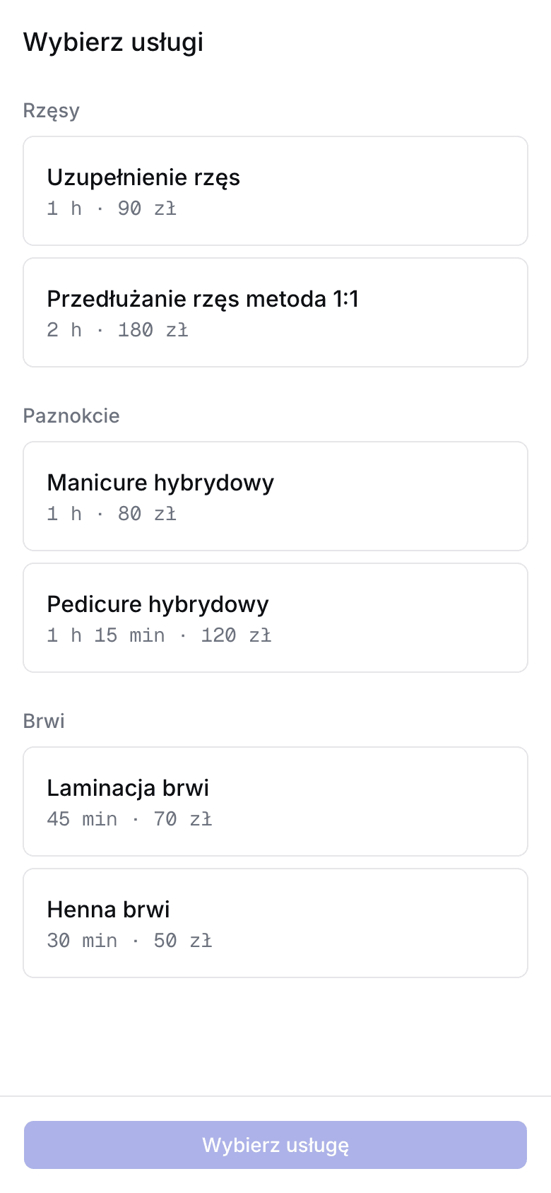 Lista usług do rezerwacji na telefonie klientki