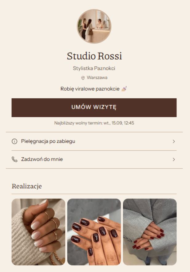 Wizytówka stylistki paznokci w ciepłej, beżowej kolorystyce