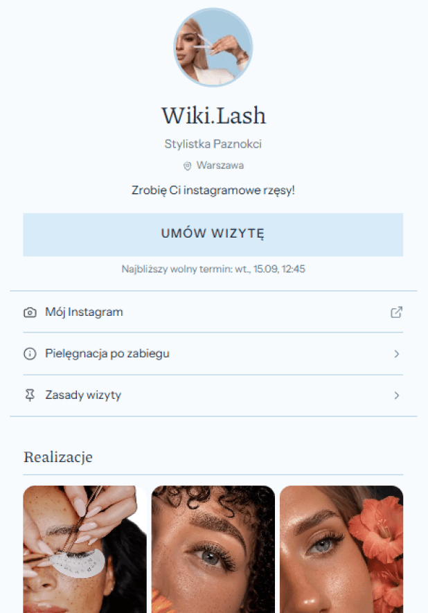 Wizytówka stylistki rzęs w chłodnej, błękitnej kolorystyce